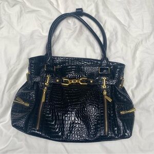 Vecceli Italy Faux Crocodile Embossed Handbag black gold